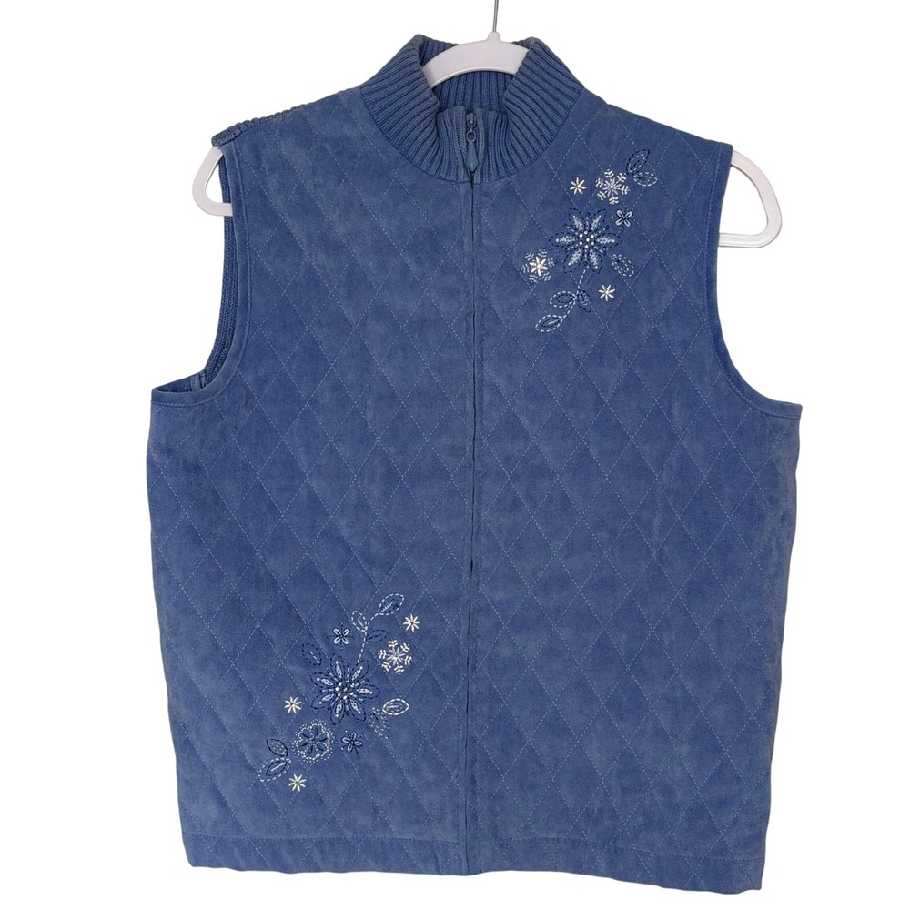 Vtg Alfred Dunner Quilted Blue Vest Snowflake Embroidered Beaded Cozy 14